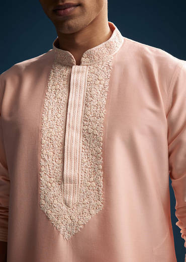 Pink Chanderi Kurta Set For Men With Kashmiri Hand Work