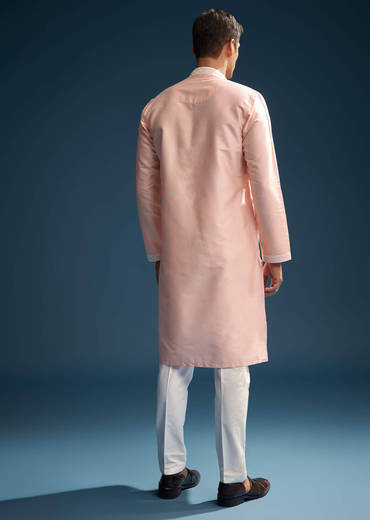 Pink Chanderi Kurta Set For Men With Kashmiri Hand Work