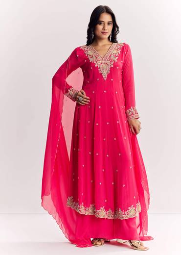 Pink Chinon Anarkali Dupatta Suit With Sequins Cutdana And Moti Work