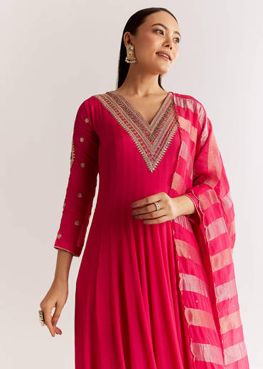 Pink Chinon Anarkali Set With Zardosi Sequins And Cutdana Work