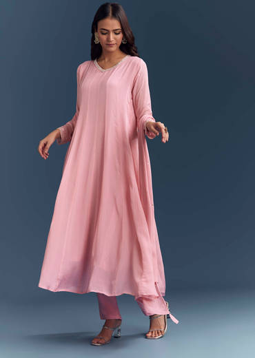 Light Pink Chinon Anarkali Suit With Cutdana And Sequins Embroidery