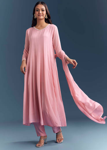 Light Pink Chinon Anarkali Suit With Cutdana And Sequins Embroidery