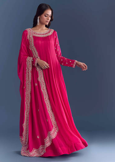 Pink Chinon Anarkali Suit With Cutdana And Sequins Embroidery
