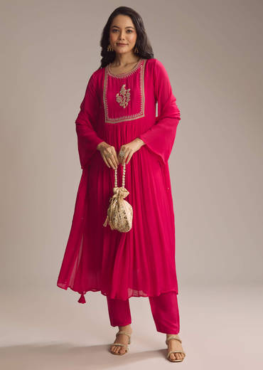 Pink Chinon Anarkali Suit With Zari Work