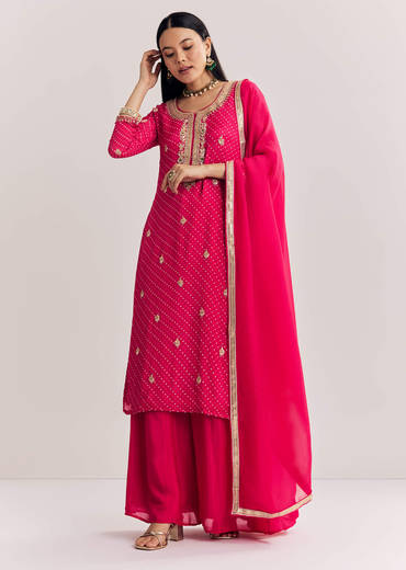 Pink Chinon Bandhani Palazzo Suit