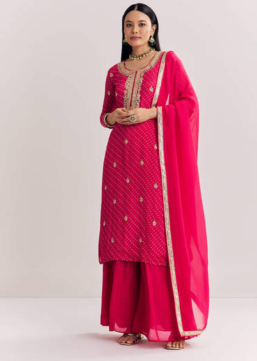 Pink Chinon Bandhani Palazzo Suit