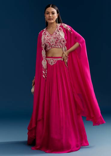 Pink Chinon Crop Top Cape Set With Embroidery