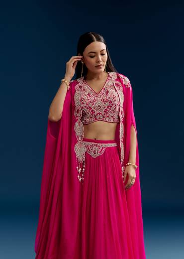 Pink Chinon Crop Top Cape Set With Embroidery