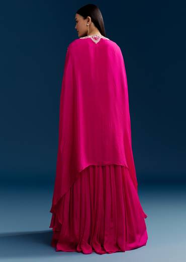 Pink Chinon Crop Top Cape Set With Embroidery