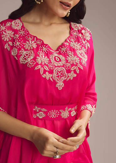 Pink Chinon Crop Top And Drape Skirt With Sequins And Moti Work