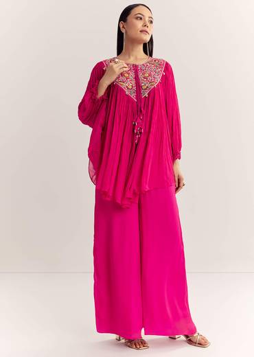 Pink Chinon Kaftan Kurta Set With Zardosi And Thread Work