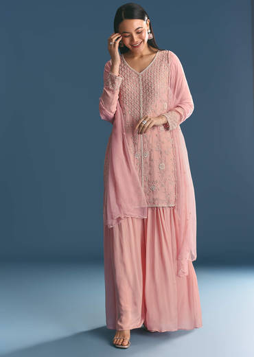 Pink Chinon Kurta Palazzo Suit With Moti And Cut Dana Work