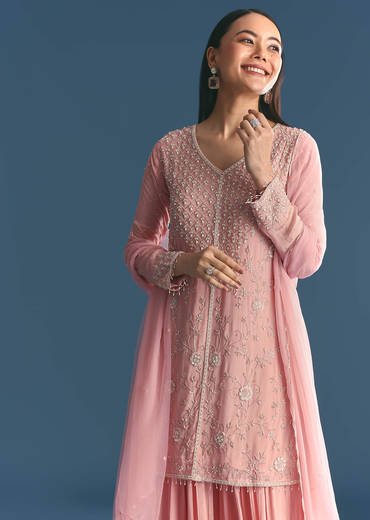 Pink Chinon Kurta Palazzo Suit With Moti And Cut Dana Work