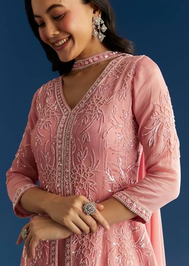 Pink Chinon Kurta Set With Choker Style Dupatta