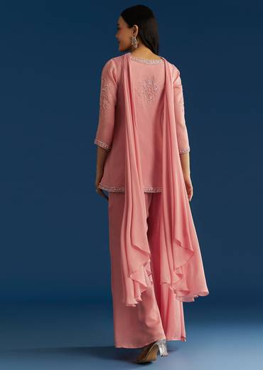 Pink Chinon Kurta Set With Choker Style Dupatta