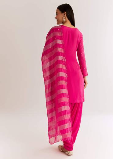 Pink Chinon Kurta Set With Zardosi And Cutdana Dupatta