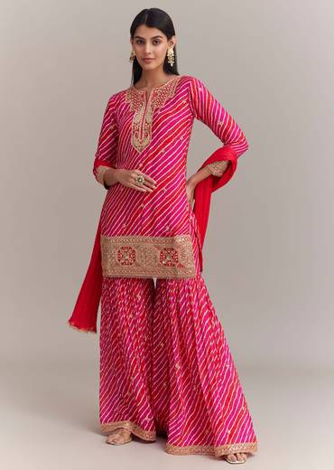 Pink Chinon Leheriya Embroidered Sharara Set