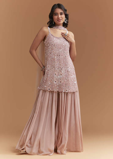 Pink Chinon Palazzo Suit With Intricate Hand Embroidery