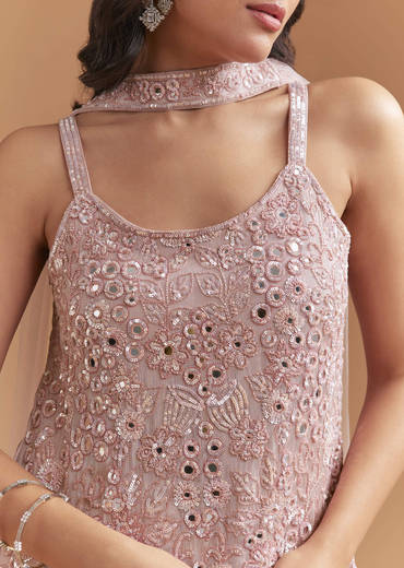 Pink Chinon Palazzo Suit With Intricate Hand Embroidery