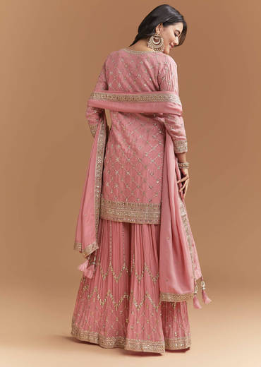 Pink Chinon Palazzo Suit With Intricate Hand Work