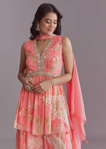 Pink Chinon Palazzo Suit With Printed Motifs