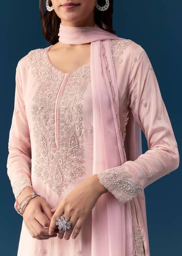 Pink Chinon Sharara Set With Embroidery Work