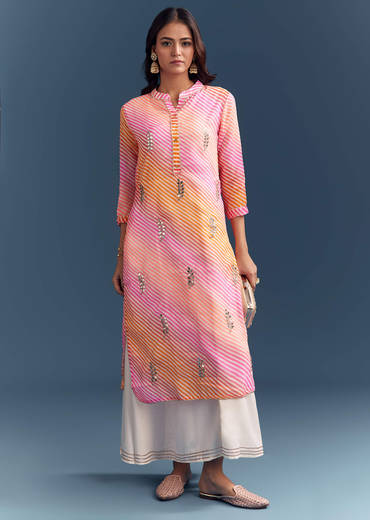 Pink Cotton Kurti With Leheriya Print And Gota Work