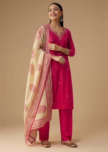 Pink Cotton Silk Gota Work Kurta Set