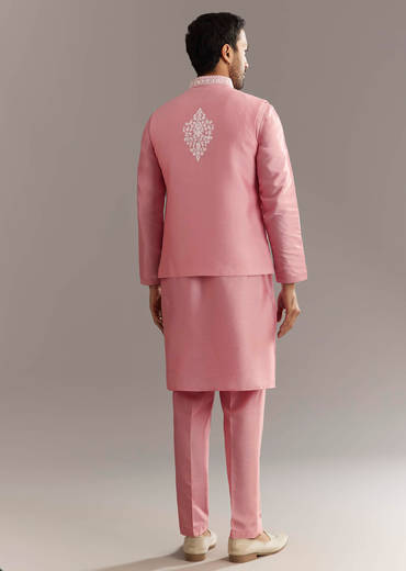Pink Cotton Silk Jacket Kurta Set With Mirror And Dori Work