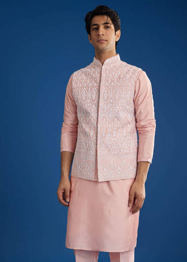 Pink Cotton Silk Jacket Kurta Set With Threadwork