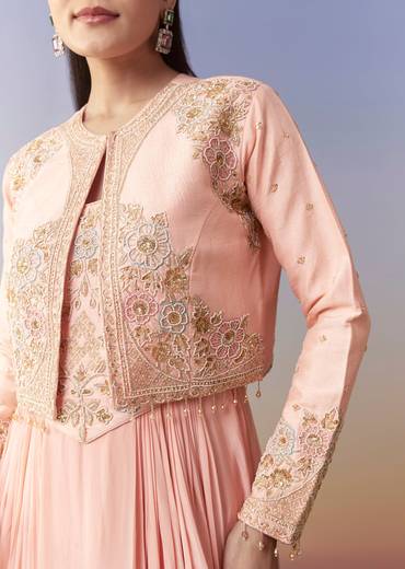 Pink Cowl Draped Gown and Jacket Set