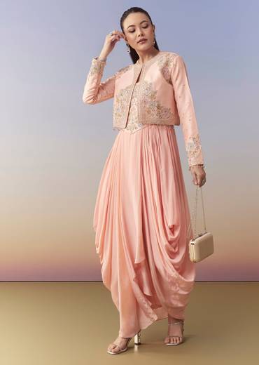 Pink Cowl Draped Gown and Jacket Set