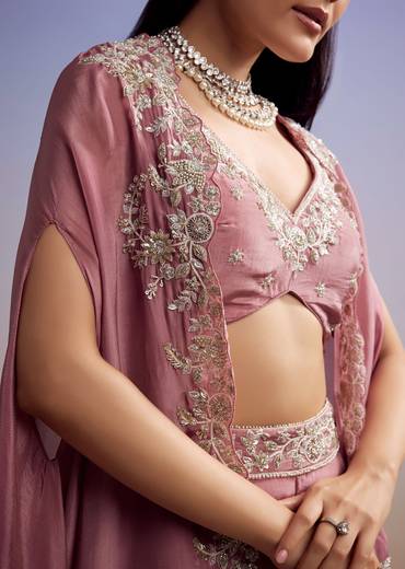 Pink Crepe Crop Top And Cape Set With Embroidery
