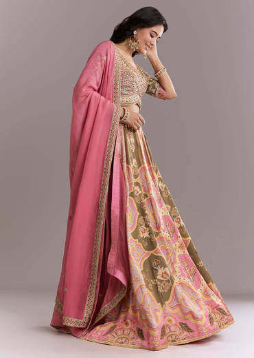 Pink Crepe Printed Bridesmaid Lehenga With Gotta Work