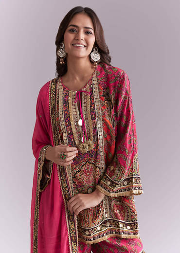 Pink Crepe Printed Sharara Suit With Gota Detail And Potli