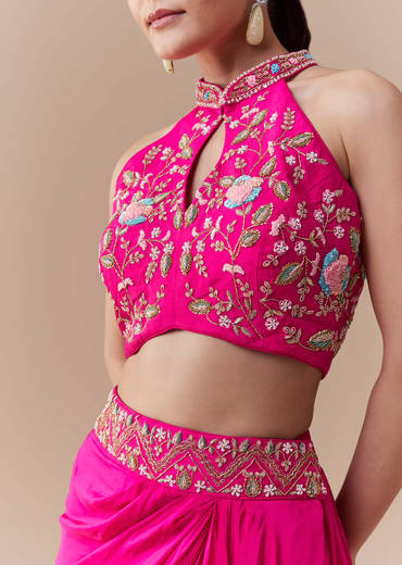 Pink Crepe Silk Crop Top Skirt Set with Zardosi Work