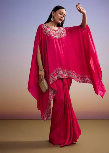 Pink Crop Top And Skirt Set With Moti And Sequins Work