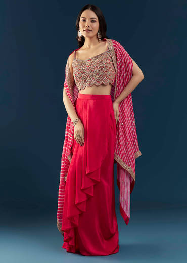 Pink Crop Top Skirt Set with Leheriya Cape