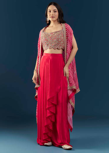 Pink Crop Top Skirt Set with Leheriya Cape