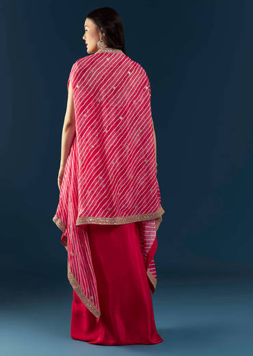 Pink Crop Top Skirt Set with Leheriya Cape
