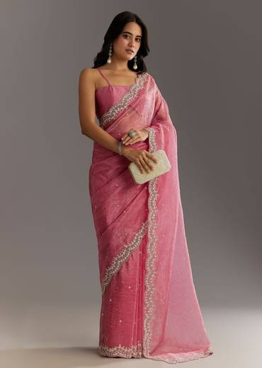 Pink Crushed Tissue Sequin Embroidered Saree With Scallop Border