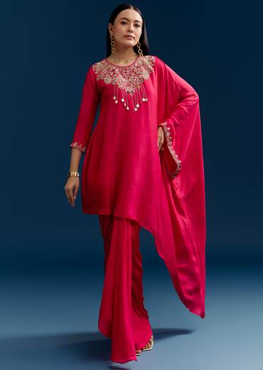 Pink Dola Silk Top Skirt Set With Zardosi Work