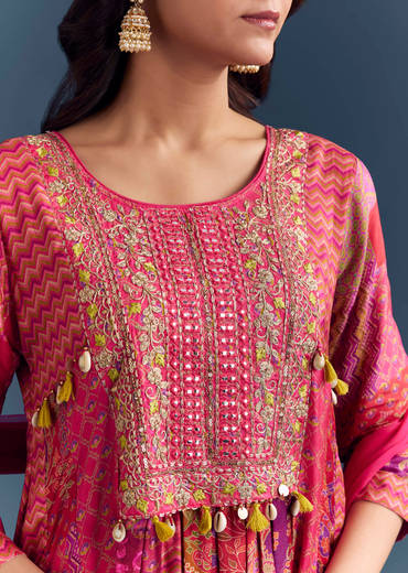 Pink Dola Silk Printed Anarkali Suit With Intricate Hand Embroidery