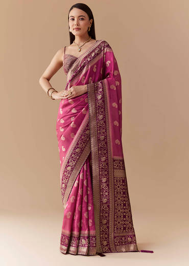 Pink Dola Silk Saree with Woven Geometric Motif and Blouse Fabric
