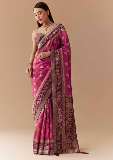 Pink Dola Silk Saree with Woven Geometric Motif and Blouse Fabric