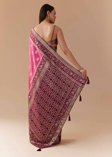 Pink Dola Silk Saree with Woven Geometric Motif and Blouse Fabric