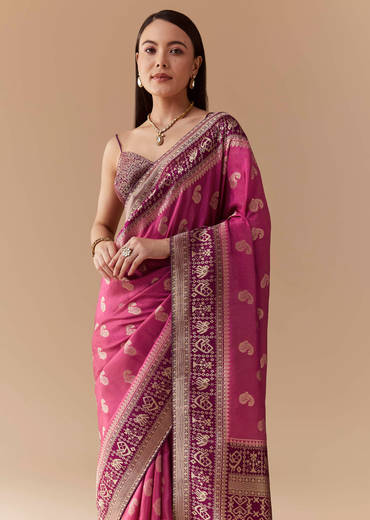 Pink Dola Silk Saree with Woven Geometric Motif and Blouse Fabric