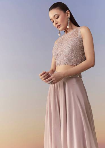 Pink Embellished Indo Western Crop Top Palazzo Set