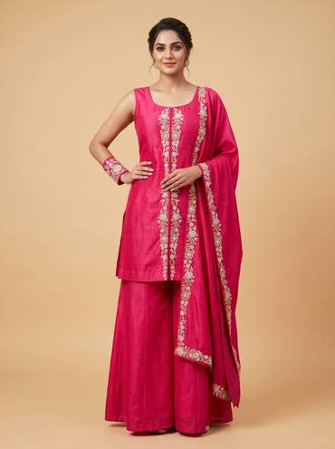 Pink Embroidered Jacket Set With Mirror Work