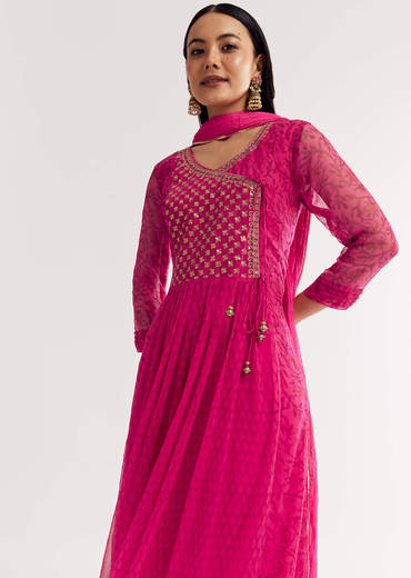 Pink Floral Chiffon Anarkali Kurta Set With Dupatta